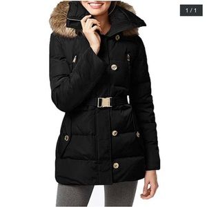 MICHAEL KORS Womans Black Hooded Belted Quilted Puffer Down Coat